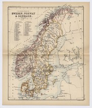 1888 Original Antique Map Of Scandinavia Sweden Norway Denmark Baltic Sea - £22.32 GBP