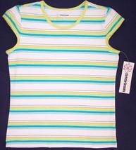 NWT Christie Brooks Girls Aqua, Chartreuse &amp; White Striped Knit Shirt To... - £7.83 GBP