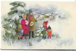 Vintage Christmas Card Family Sings Carols 1960&#39;s Unused With Decorated Envelope - £7.77 GBP