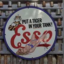 Vintage Esso &#39;&#39;Put A Tiger In Your Tank&#39;&#39; Gasoline Porcelain Gas &amp; Oil Metal Sig - £97.78 GBP