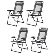 4PC Folding Chairs Adjustable Reclining Chairs with Headrest Patio Garden Grey - £232.56 GBP