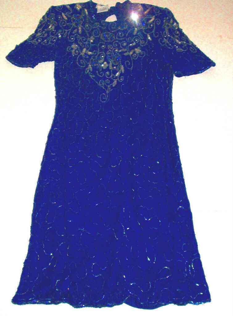 Primary image for Royal Blue Beaded & Sequined Silk Dress 100% Silk Short Sleeve Dress Sz M