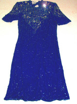 Royal Blue Beaded &amp; Sequined Silk Dress 100% Silk Short Sleeve Dress Sz M - £107.77 GBP