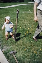 1953 Chubby Toddler Girl Shovel Yard Red-Border Kodachrome Slide - £2.77 GBP