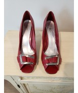 Cato Size 9 Red Stilettos Heels Open Toe Silver Buckle 3.5&quot; Heel - £4.69 GBP