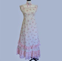 Vintage 70s Sylvia Ann Maxi Dress XXS Ruffles &amp; Bow Pink Ivory Floral Br... - £97.63 GBP
