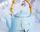 Japanese Sakura Cherry Blossom Branches Pastel Blue Ceramic Tea Pot Teap... - $26.99