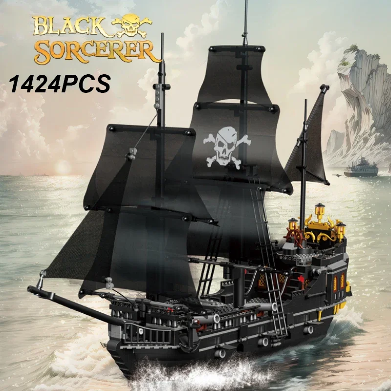 1424PCS Black Pirate Ship Building Blocks Skeleton Ghost Boat Model Assembly - £61.13 GBP+