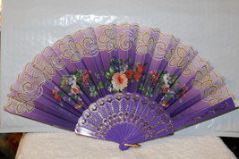 FAN ( SMALL HAND TYPE FAN ) WITH FLOWERS FLOWER PURPLE D3 - £6.32 GBP