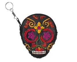 Mia Jewel Shop Embossed Leather Sugar Skull Keychain Coin Purse Zipper Pouch - D - £12.50 GBP