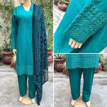 Pakistani Teal chikankari Straight Shirt 3-PCS Lawn Suit w/ Threadwork ,S - £58.85 GBP