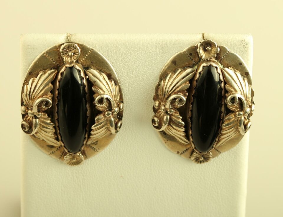 Primary image for VTG Sterling 925 Black Onyx Cabochon Pierced Post earrings Southwestern A.H.
