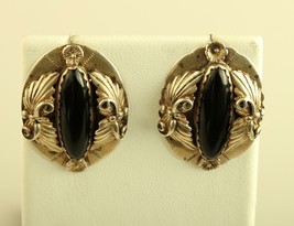 VTG Sterling 925 Black Onyx Cabochon Pierced Post earrings Southwestern A.H. - £75.54 GBP