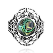 Mysterious Round Abalone Shell in Sterling Silver Statement Ring-7 - £16.27 GBP