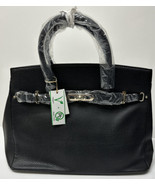 Purse Bag Tote Satchel Black w Gold Buckle Vegan Leather - £35.61 GBP
