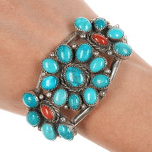 6 5/8&quot; c1970&#39;s JB Native American sterling turquoise and coral cluster cuff - $675.68