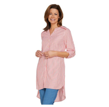 C. Wonder Striped Button Front Extra Long Tunic Blouse, Coral Reef, Regular 8 - £12.84 GBP