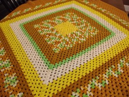 Vintage Afghan Blanket GRANNY Handmade Crochet autumn Throw 49&quot;x48&quot; square - £15.95 GBP