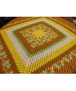 Vintage Afghan Blanket GRANNY Handmade Crochet autumn Throw 49&quot;x48&quot; square - £15.95 GBP
