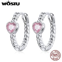 WOSTU Real 925 Silver Love Heart Earrings Pink Zircon Hoop Earrings For Women Fa - £18.21 GBP