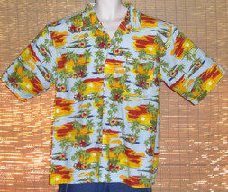 Caribbean Joe Hawaiian Shirt Blue Red Gold Sunsets Palm Trees Flowers  Size XL - £19.77 GBP