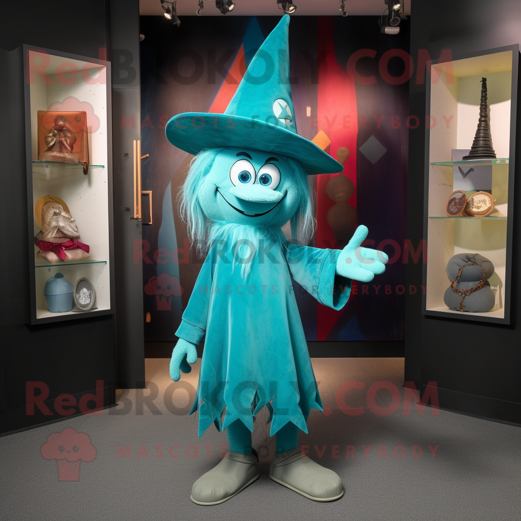 Teal Witch&#39;S Hat mascot costume character dressed with a Romper and Tie ... - $1,199.00