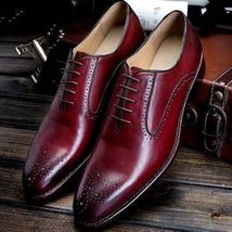 Handmade Men&#39;s Burgundy Brogue Cowhide Leather Oxford Lace Up Dress Formal Shoes - £102.84 GBP+