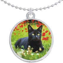 Black Cat and Flowers Round Pendant Necklace Beautiful Fashion Jewelry - £8.60 GBP