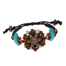 Beautiful Brass Mandala w/ Turquoise, Wood &amp; Glass Pull Slide Bracelet - £8.69 GBP