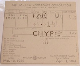 Vintage Central New York Power Company Invoice Bill April 1 1944 Utika - $12.86