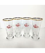 Set of 4 Vintage Carlsberg Pilsner Beer Glasses Red Crown Logo Gold Rim - $39.89