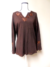 NWT Quacker Factory Sequins Beads Sweater Women&#39;s L Brown Hearts V-Neck Long SLV - £31.64 GBP