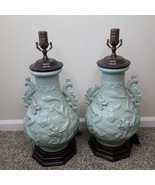 Pair Chinese Celadon Porcelain Vase Urn Dragon Relief Lamps Phoenix Bird... - $2,708.04 CAD