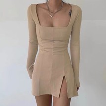 Solid Basic Casual Knitted Beige Long Sleeve A-line square collar Dress - £13.14 GBP