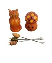 Vintage 70s Counterpoint Wood Mushroom Owl Hors d’oeuvres Fork Holders - £15.79 GBP