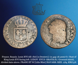 1784 W Frankreich König Louis XVI 1 Sol (12 Denier) Lille Revolution Era... - $19.80