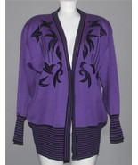 VTG Black Embroidered Flowers Wide Ribbed Cuffs Bottom Purple Cardigan W... - $58.39 CAD