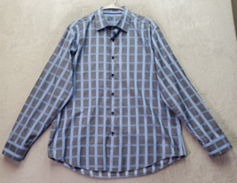 Tasso Elba Dress Shirt Mens Large Gray Blue Plaid Long Sleeve Collar But... - $18.46