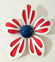 Vintage Red White Blue Enamel Flower Brooch Pin Mod Retro Open Work - £12.65 GBP