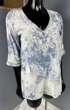 Soft Surroundings Embellished White Beads Blue Tie Dye Tunic Top V-Neck Sz S - £19.36 GBP