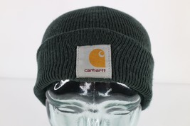 Vintage 90s Carhartt Spell Out Box Logo Knit Winter Beanie Hat Dark Green USA - £29.72 GBP