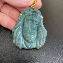 14K Real Solid Gold Natural Jade Carved Jesus Christ Head Pendant Large Male - £524.34 GBP