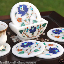Marble Tea Coaster Set Real Inlay Lapis Lazuli Marquetry Home Collectible Gifts - £197.14 GBP