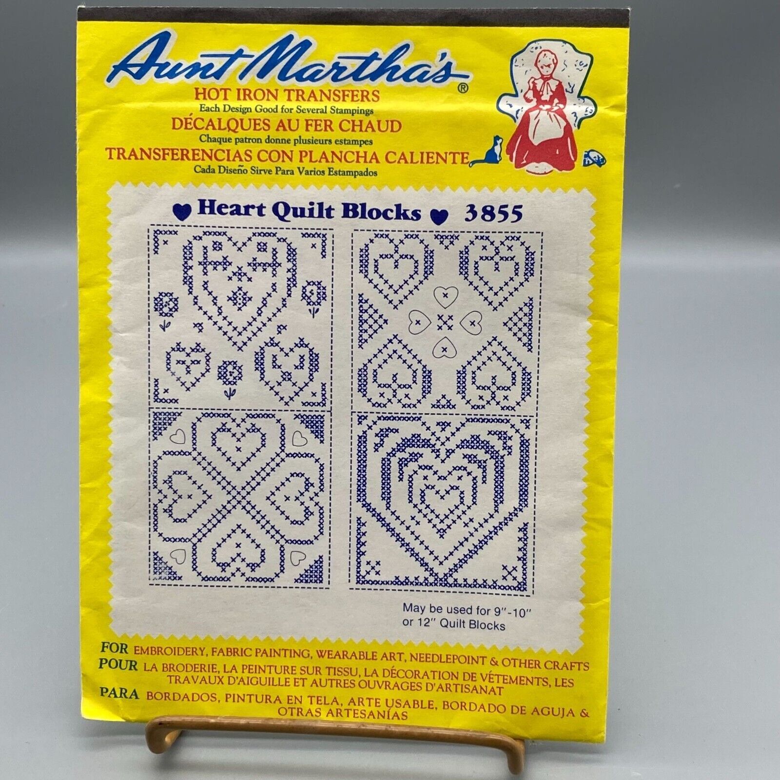 Vintage Aunt Martha's Hot Iron Transfers 3855 UNUSED Heart Quilt Blocks - $14.52