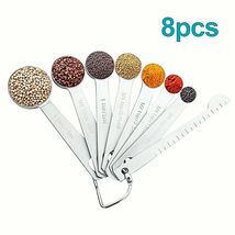 Stainless Steel Measuring Spoons set 8 pcs with Leveler &amp; Ring Baking Cooking US - £15.23 GBP