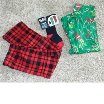 Boys Pajamas Christmas Lounge Pants &amp; Socks 3 Pc Red Plaid Green Dinosau... - £14.22 GBP