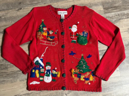 Christmas Cardigan Sweater Victoria Harbour Red Beaded Santa Snowman Size PM - £15.37 GBP
