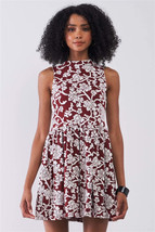 Women&#39;s Burgundy &amp; White Floral Crew Neck Sleeveless Fitted Mini Dress - $14.40
