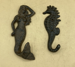 Beach Decor Coat Hat Wall Hooks Cast Iron Mermaid &amp; Seahorse - $26.72
