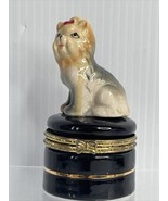 Vintage Yorkie miniature porcelain dog black ring /trinket box trimmed w... - £8.47 GBP